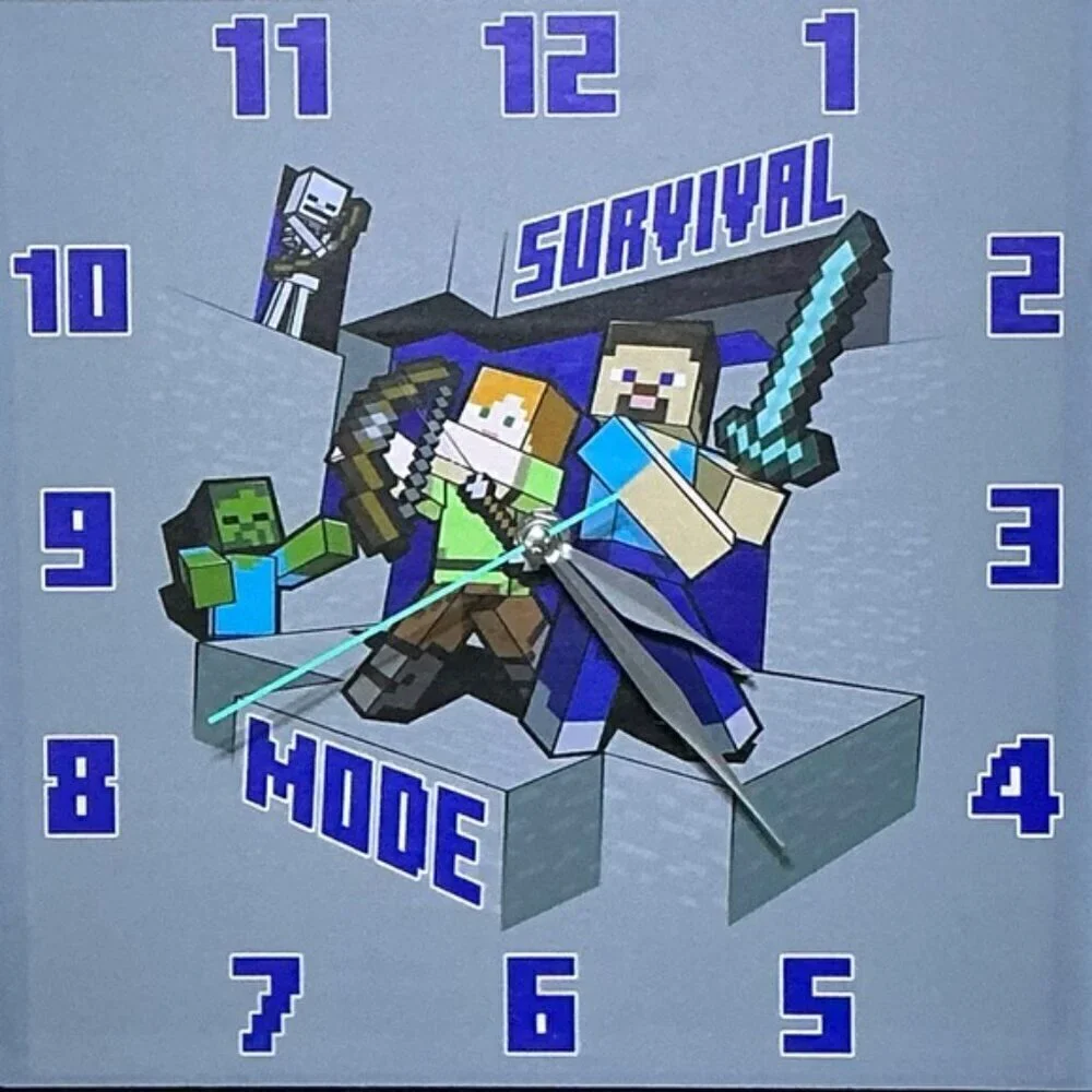 Minecraft Wall Clock Analog Quartz Battery Operate Gamer Gift 11 In Square Gray